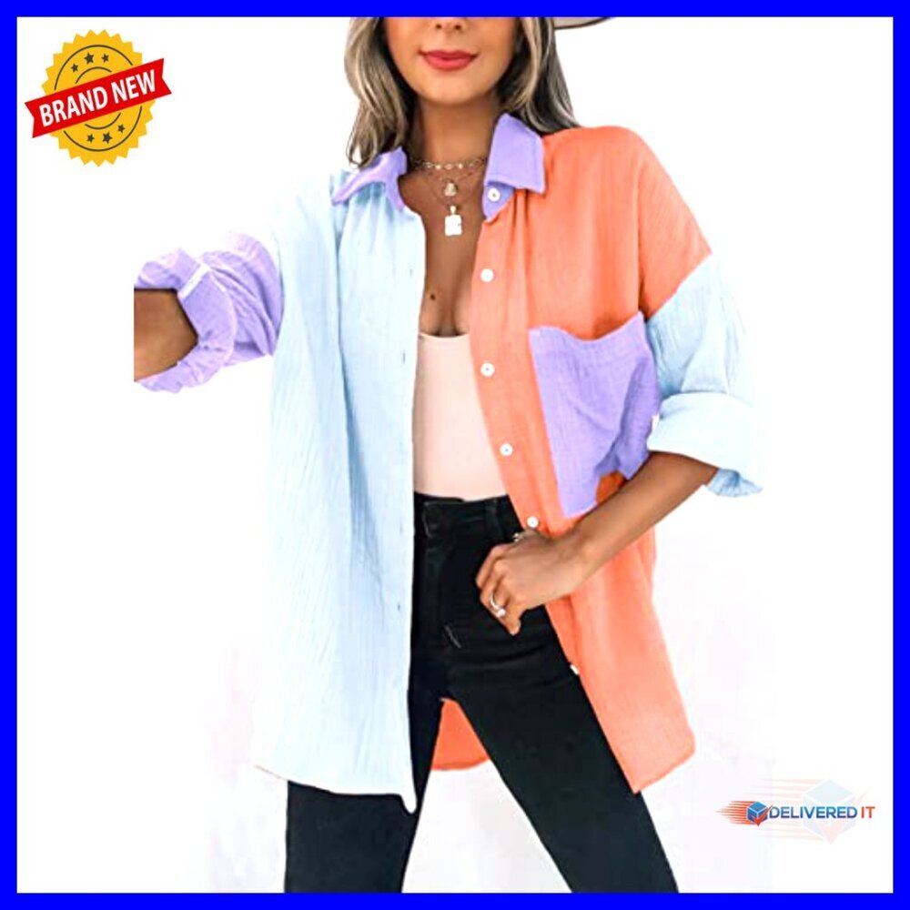 Oversized Boyfriend Button Down Blouse Long Sleeve Color Block Chic Y2K - Picture 2 of 7